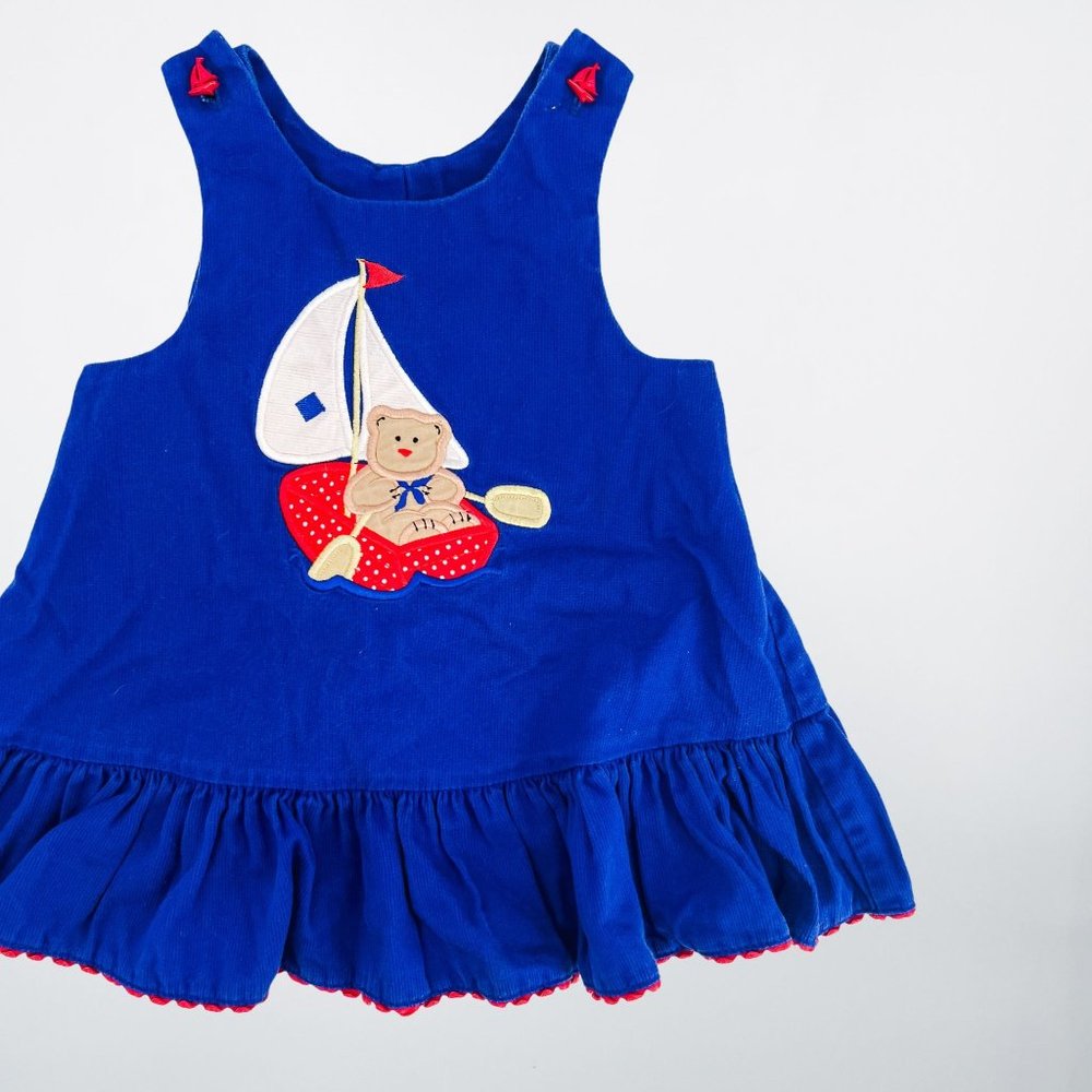 Vintage Blue Textured Novelty Bear on a Boat Ruffle Dress - 4T